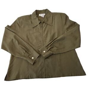 VTG Silk Appeal Women's Full Zip Jacket Sz L Olive 100% Silk Padded Shoulder 90s
